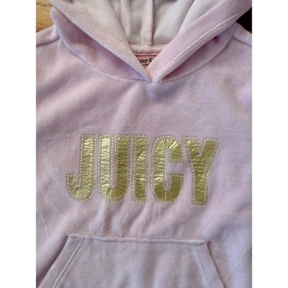 Juicy Couture Kids Pink Velour‎ Hoodie Gold Metallic Logo Pullover Size 5
